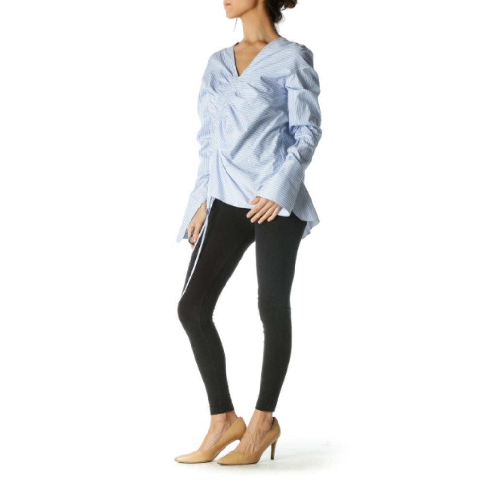 Teija Women's Blue Smocked Striped Cotton Blouse - Picture 3 of 8